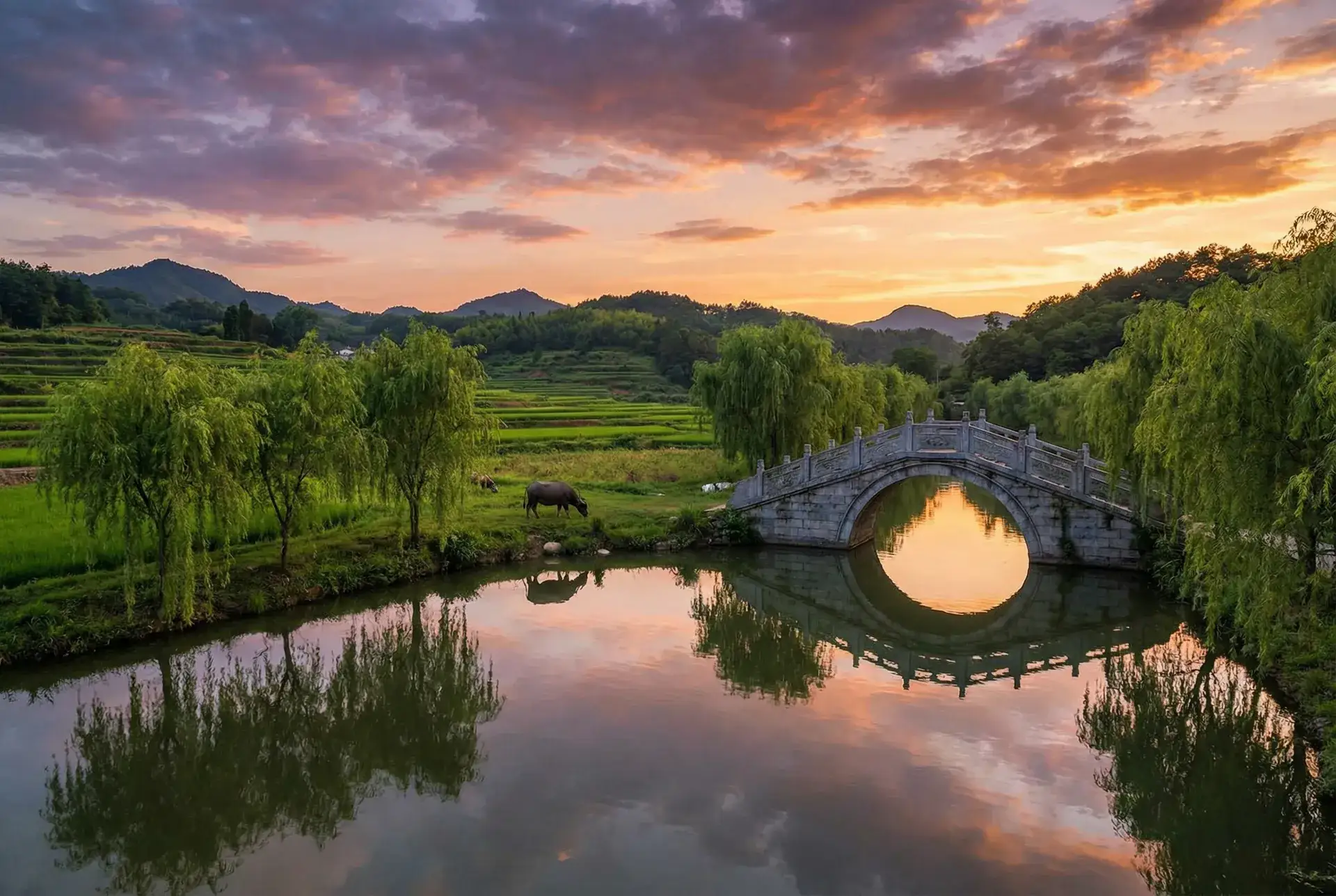 夕阳下的石拱桥与垂柳，水牛在河边吃草 - 花蝴蝶在线直播 乡村美景